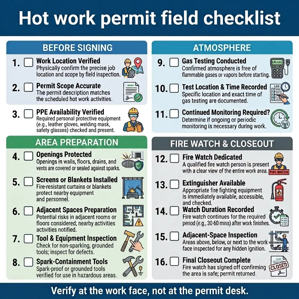 Comprehensive hot work permit field checklist organized into five sections covering pre-signing requirements, atmosphere testing, area preparation, fire watch procedures, and closeout protocols with icons and detailed instructions for each safety step.