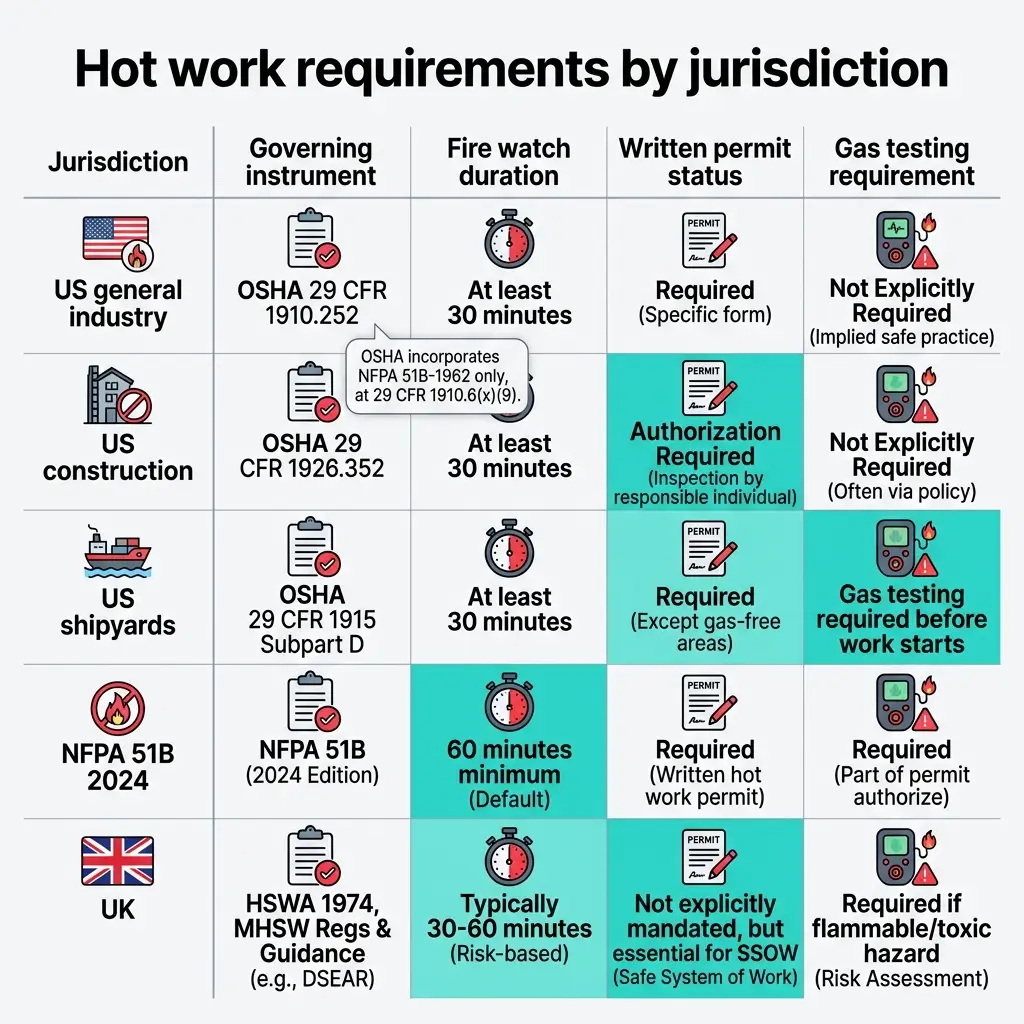 Comparison table of hot work safety requirements across six jurisdictions showing fire watch duration, permit requirements, and gas testing rules for US industry, construction, shipyards, NFPA standards, and UK regulations.