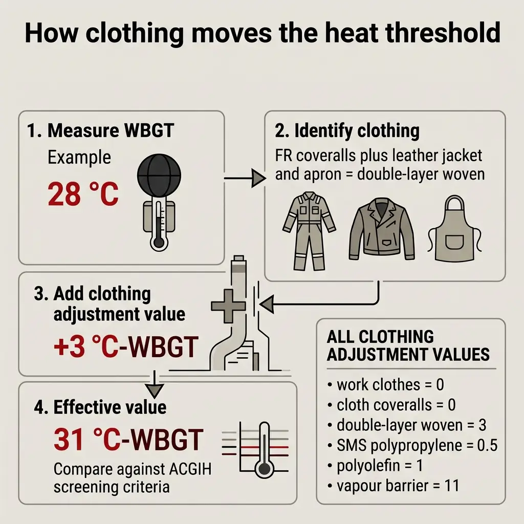 Infographic showing four steps to calculate how clothing adjusts heat threshold: measuring wet bulb globe temperature, identifying clothing layers, adding adjustment values, and determining effective temperature for heat stress screening.