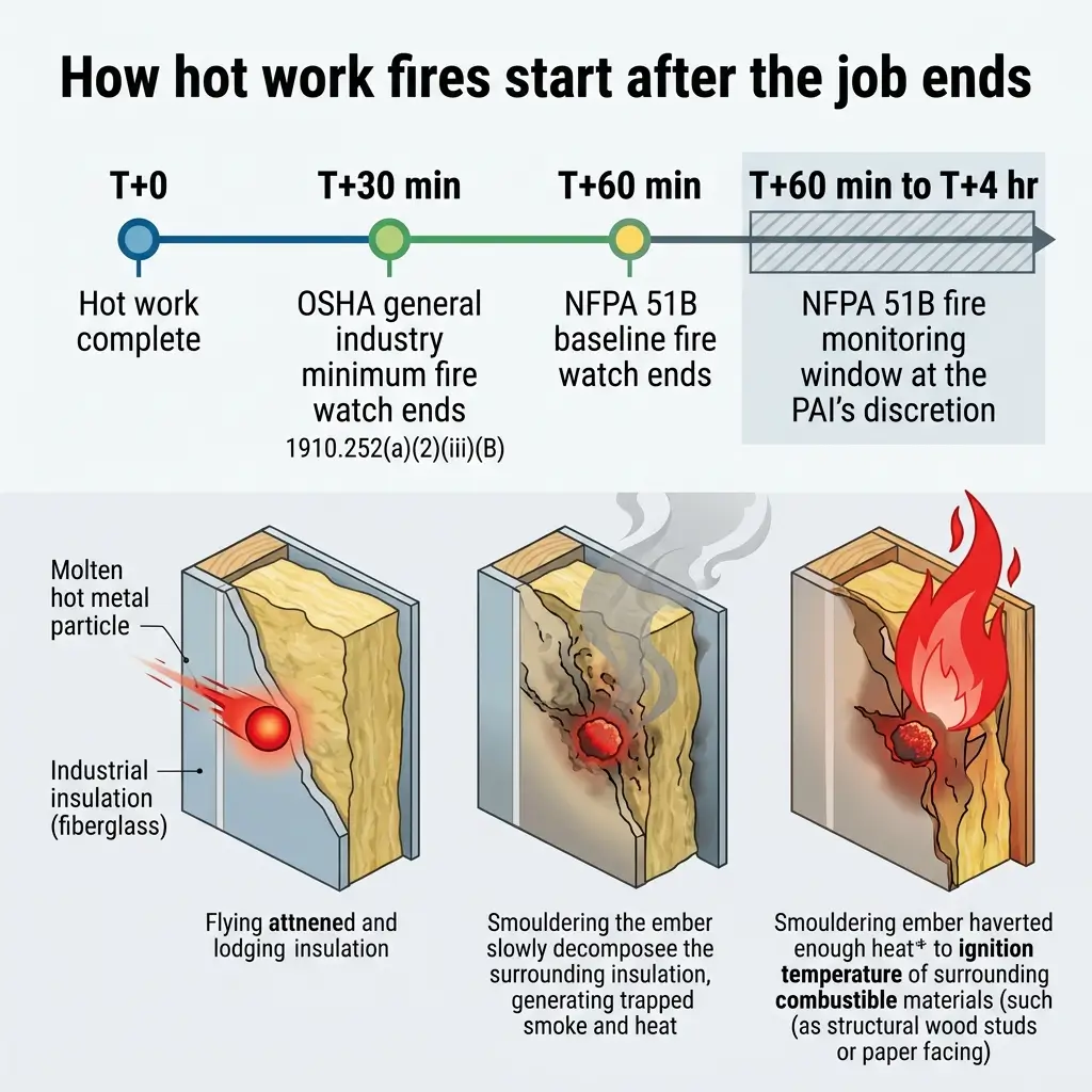 Timeline showing how hot work fires develop after jobs end, from initial molten metal particles through OSHA fire watch requirements to dangerous smoldering combustion in surrounding materials.