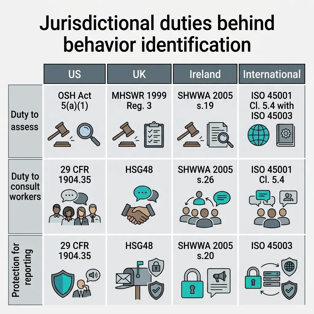 Comparison table showing jurisdictional duties for behavior identification across US, UK, Ireland, and International standards, including assessment, worker consultation, and reporting protection requirements.
