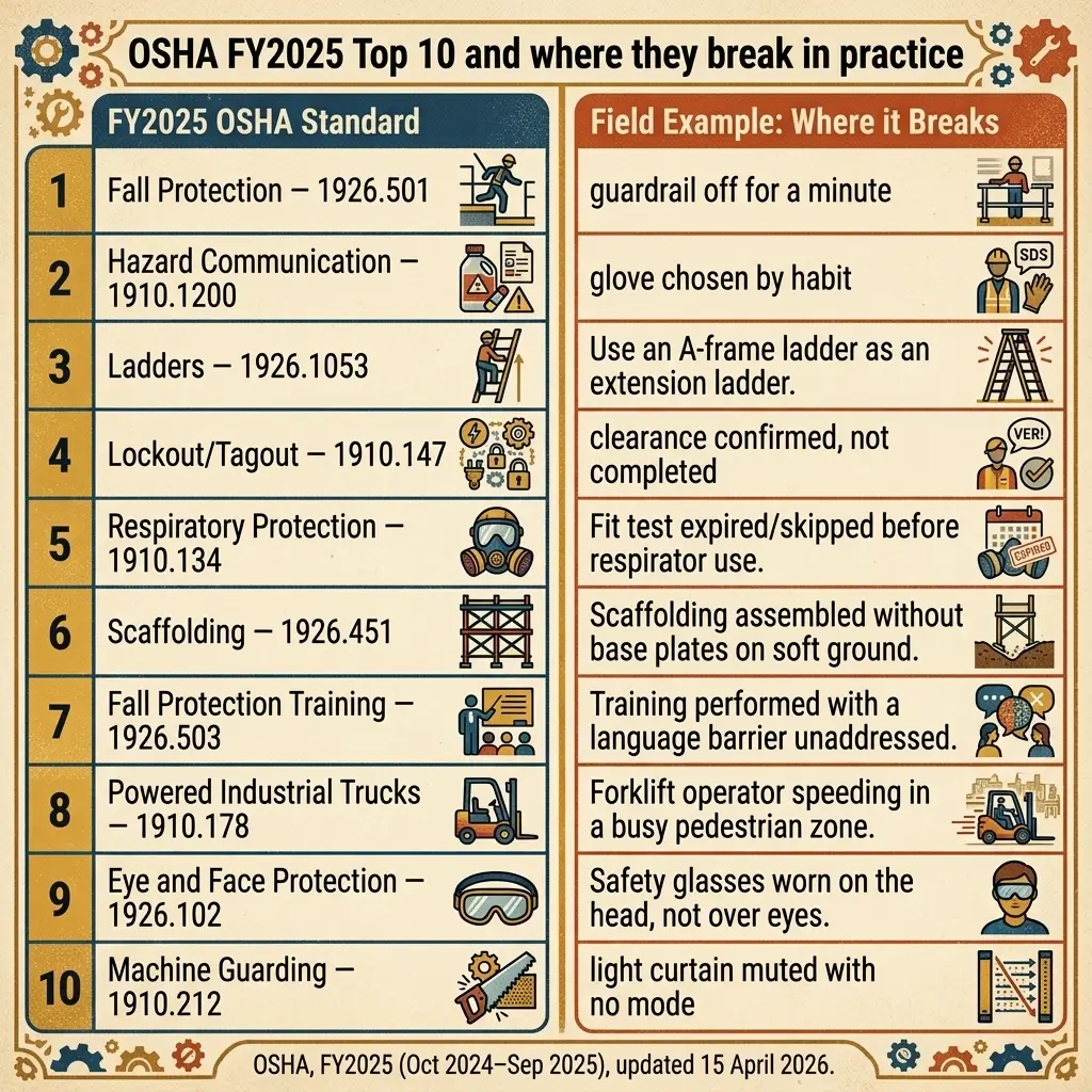 OSHA FY2025 top 10 safety violations chart showing standards like fall protection, hazard communication, and ladders with corresponding field examples where compliance breaks down in workplace practice.