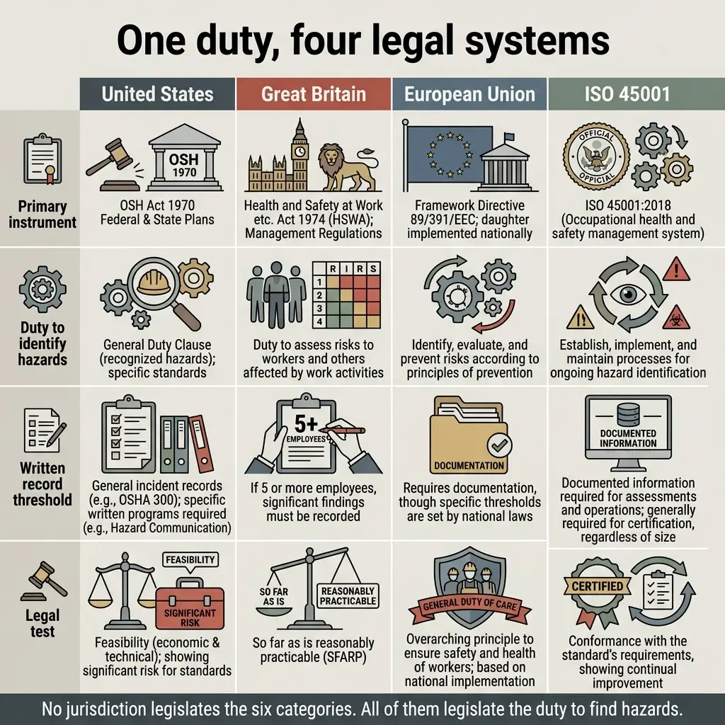 Comparison chart showing how four legal systems—United States, Great Britain, European Union, and ISO 45001—each establish occupational health and safety duties through different primary instruments, hazard identification requirements, documentation thresholds, and legal tests.