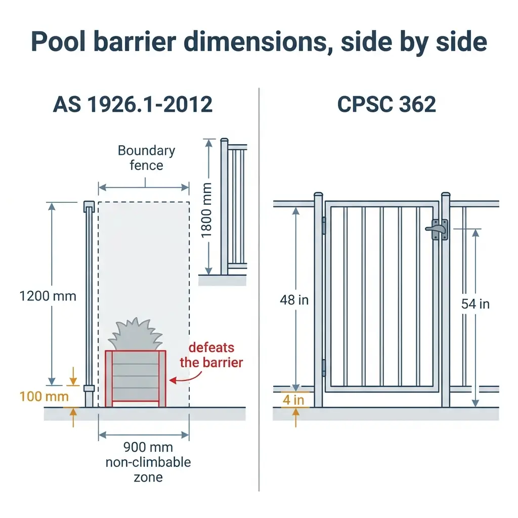 Comparison diagram showing pool barrier dimension requirements side by side: AS 1926.1-2012 standard on left with 1200mm height and 900mm non-climbable zone, CPSC 362 standard on right with 48-54 inch heights, both illustrating how a child defeats the barrier.