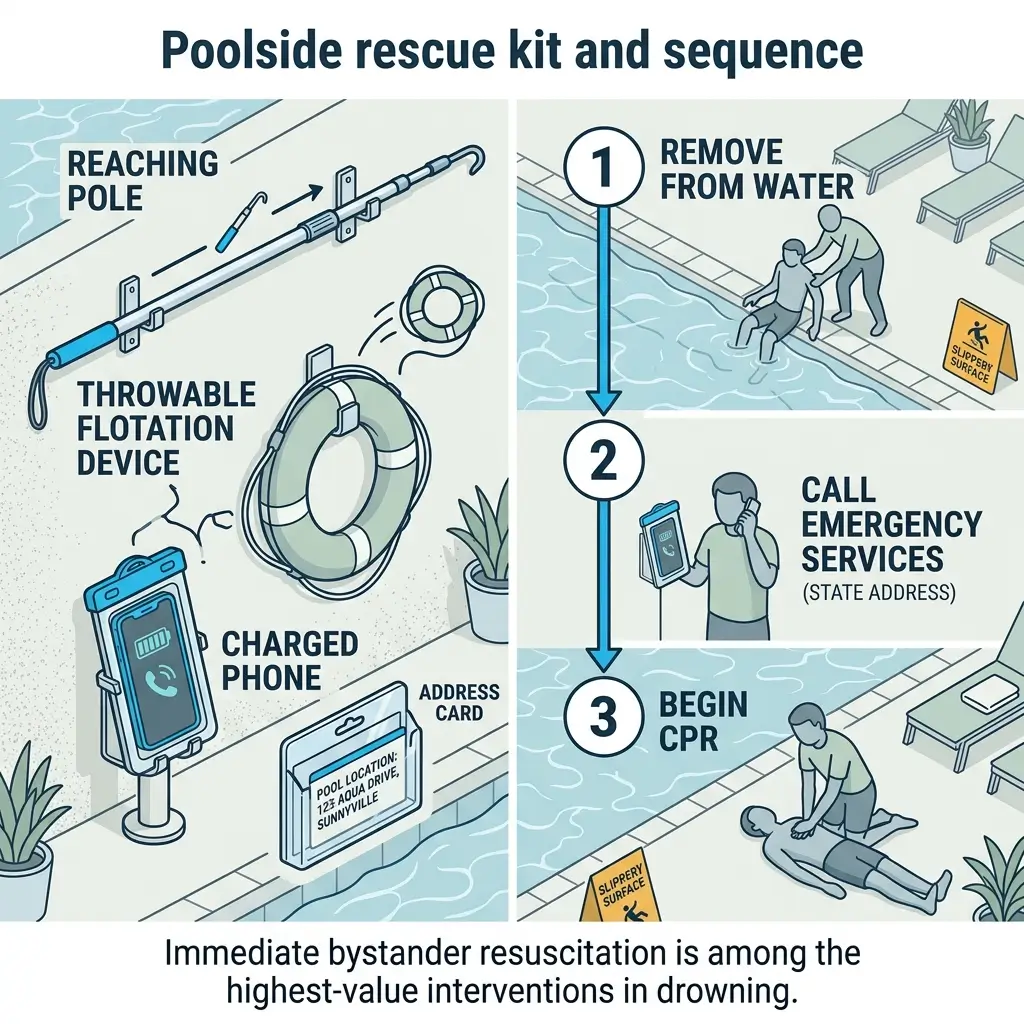 Infographic showing poolside rescue kit contents and emergency response sequence: reaching pole, flotation device, charged phone, and address card, followed by three steps to remove drowning victim from water, call emergency services, and begin CPR.