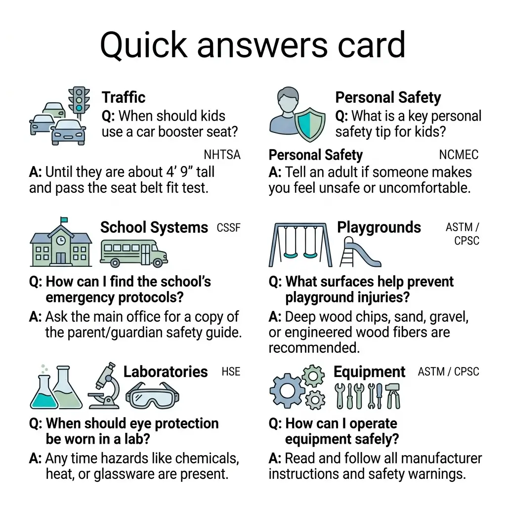 Quick answers card with six safety topics for kids: traffic booster seats, personal safety, school emergency protocols, playground surfaces, laboratory eye protection, and equipment operation guidelines.