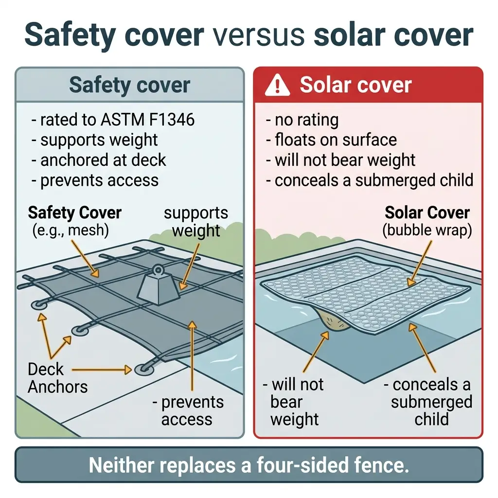 Comparison infographic showing safety covers versus solar covers for pools, illustrating key differences in ratings, weight support, anchoring, and safety features with side-by-side diagrams.