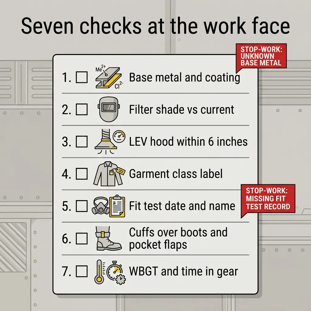 Workplace safety checklist showing seven quality control inspections for welding work, including base metal verification, filter shade settings, hood positioning, garment labeling, fit testing records, protective equipment fit, and gear temperature monitoring.
