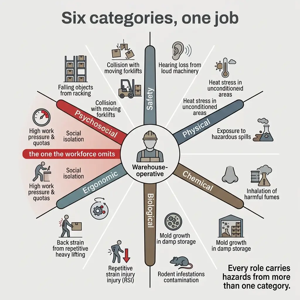 Infographic showing six occupational hazard categories for warehouse operatives: Safety, Physical, Chemical, Biological, Ergonomic, and Psychosocial risks, each illustrated with specific workplace dangers.