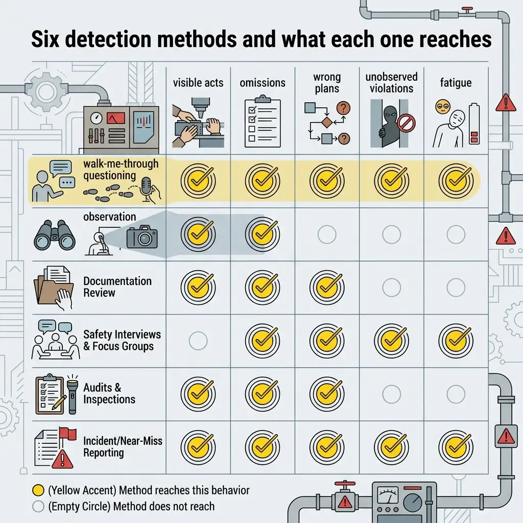 Comparison chart showing six safety detection methods and their effectiveness in identifying visible acts, omissions, wrong plans, unobserved violations, and fatigue in industrial settings.