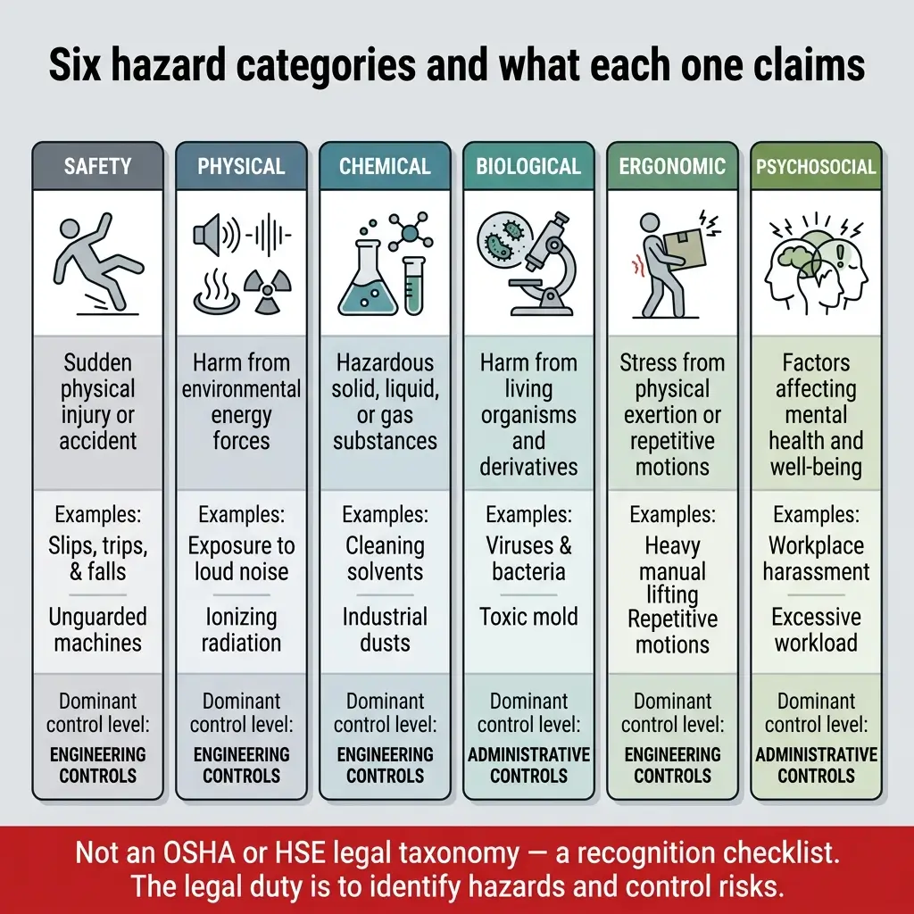 Infographic displaying six workplace hazard categories: Safety, Physical, Chemical, Biological, Ergonomic, and Psychosocial, with definitions, examples, and dominant control levels for each hazard type.