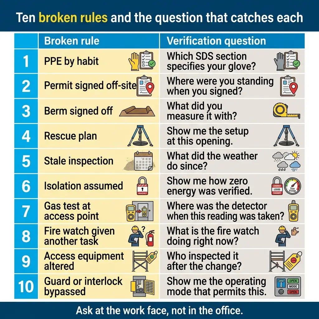 A guide showing ten common safety rule violations at work sites and the verification questions to ask on-site to catch each one, including PPE, permits, inspections, rescue plans, and equipment safety.