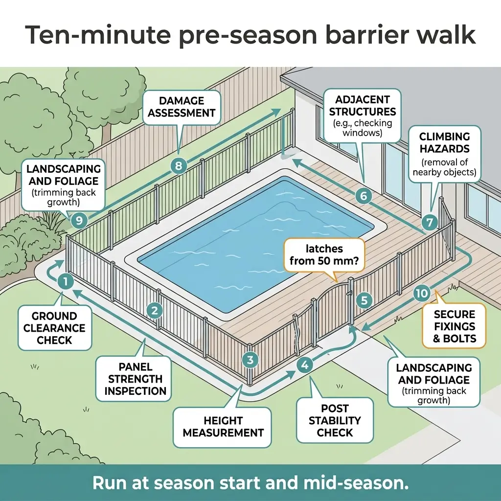 Illustrated guide showing ten numbered steps around a pool with barriers for pre-season inspection, including ground clearance, panel strength, height measurement, post stability, landscaping trimming, adjacent structures, climbing hazards, damage assessment, and secure fixings.