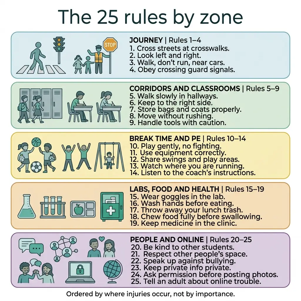 Chart displaying 25 school safety rules organized into five color-coded zones: Journey, Corridors and Classrooms, Break Time and PE, Labs Food and Health, and People and Online, each with illustrated icons and corresponding guidelines.