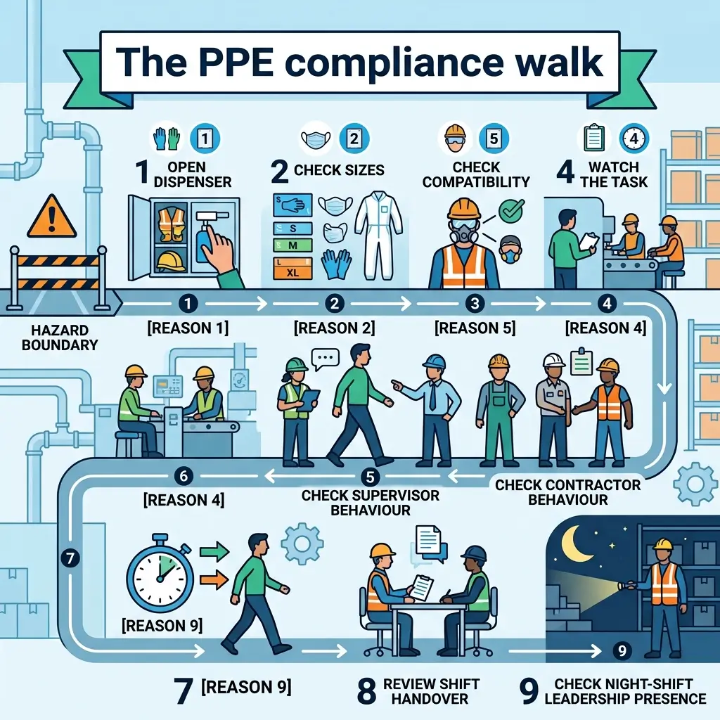 Infographic showing a nine-step PPE compliance walk process in a construction site, including opening dispensers, checking sizes, verifying compatibility, monitoring tasks, supervising behavior, and ensuring night-shift leadership presence.