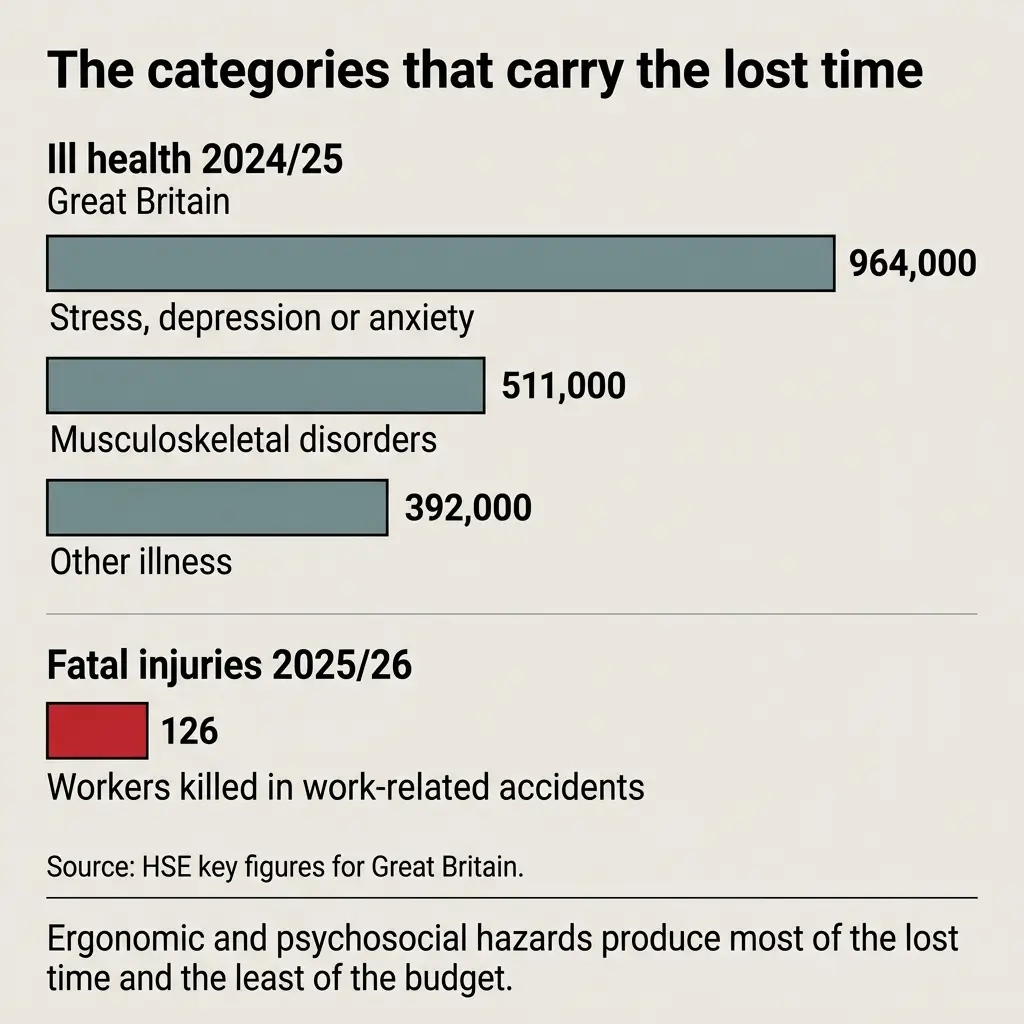 Bar chart showing illness categories causing lost work time in Great Britain, with ill health at 964,000 cases leading, followed by stress/depression/anxiety at 511,000, and musculoskeletal disorders at 392,000, plus 126 fatal work injuries in 2025/26.
