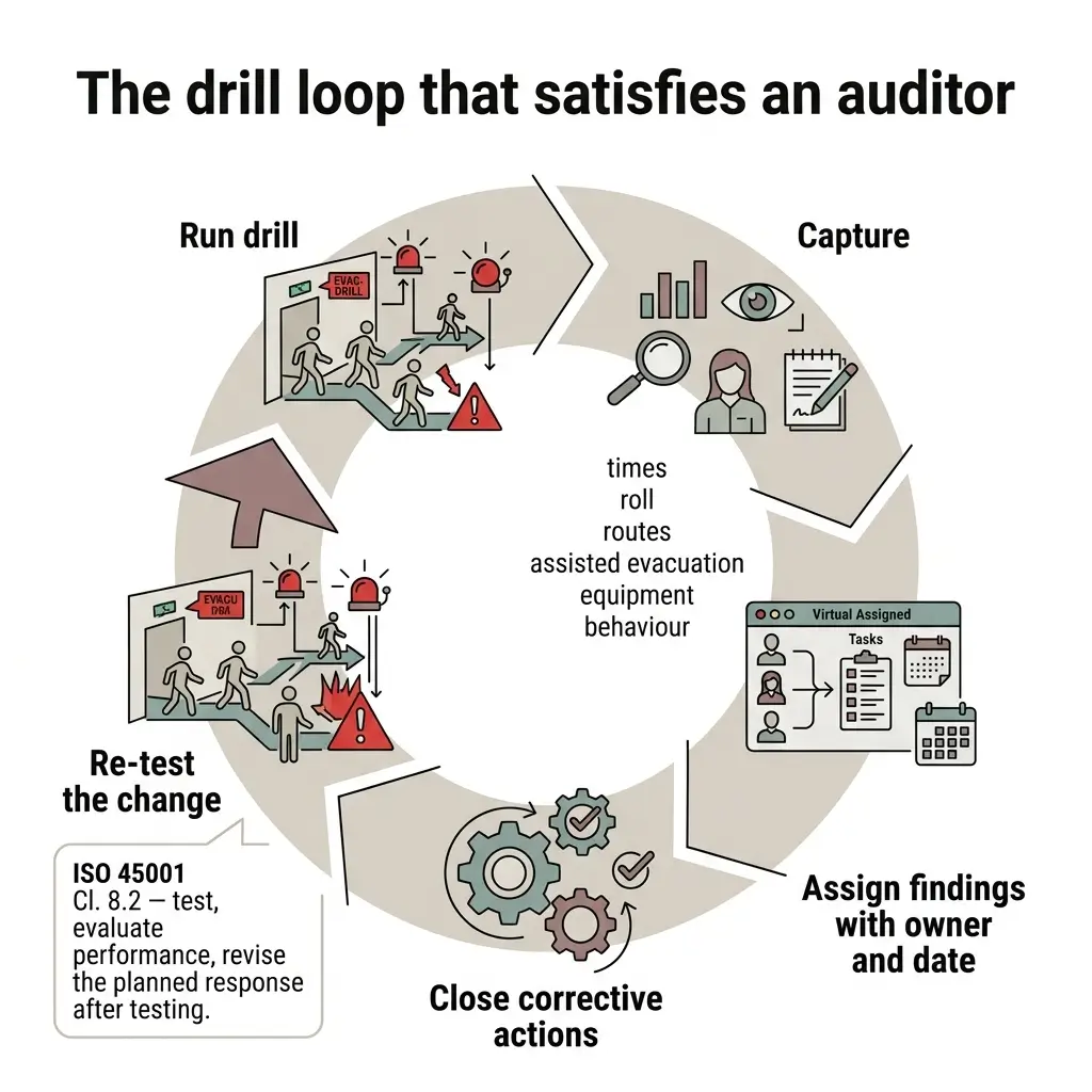Circular diagram showing the evacuation drill audit loop with five stages: Run Drill, Capture data on times and routes, Assign findings to owner, Close corrective actions, and Re-test the change.