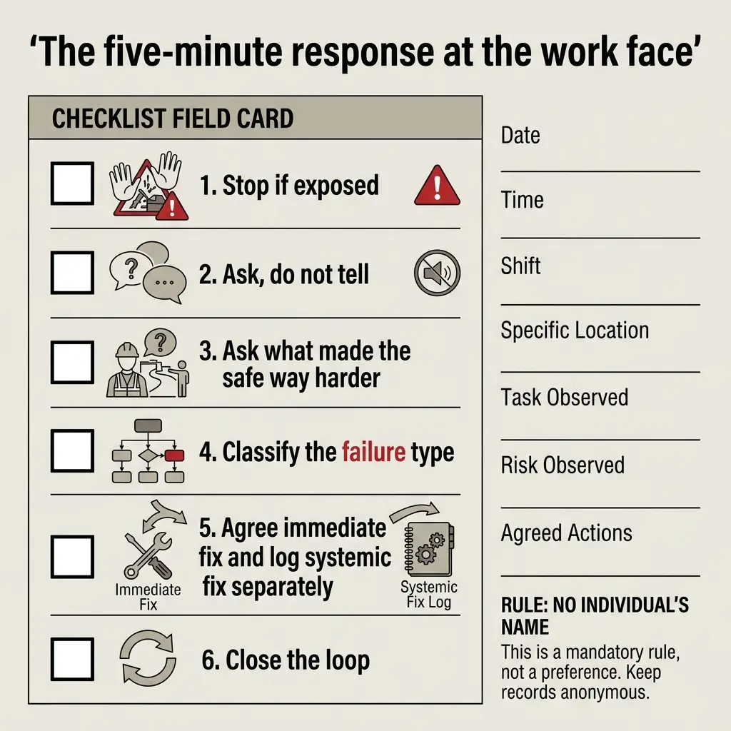 Checklist field card for workplace safety response protocol with six steps: stop if exposed, ask don't tell, investigate safe way barriers, classify failure type, agree immediate and systemic fixes, and close the loop.