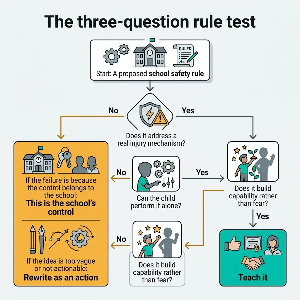 Flowchart showing the three-question rule test for evaluating proposed school safety rules, with decision points about injury mechanisms, child capability, and capability-building approach.