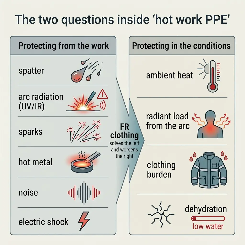 Infographic showing two categories of hazards in hot work PPE: protecting from work hazards like spatter and arc radiation, and protecting in environmental conditions like ambient heat and dehydration.