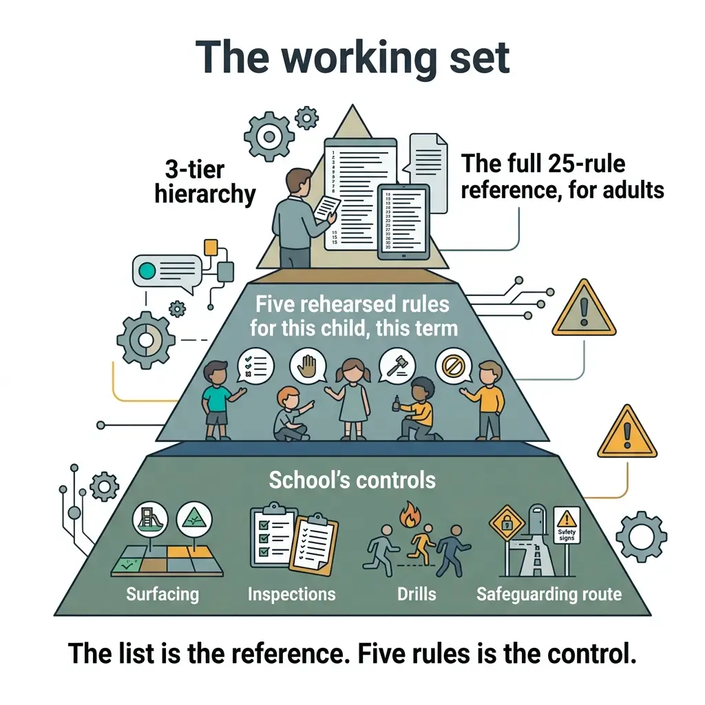Pyramid diagram showing school safety hierarchy with children demonstrating five key rules at the center, supported by school controls including surfacing, inspections, drills, and safeguarding routes at the base, connected to a 25-rule reference guide for adults.