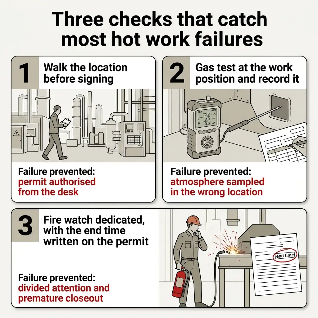 Infographic showing three critical safety checks for hot work: walking the location before signing, conducting gas tests at the work position, and assigning a dedicated fire watch with end time noted on the permit.