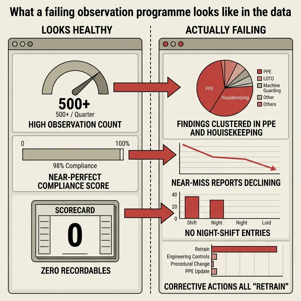 Comparison infographic showing signs of a failing observation program: high observation counts and compliance scores versus clustered PPE findings, declining near-miss reports, missing night shifts, and repetitive retrain corrective actions.