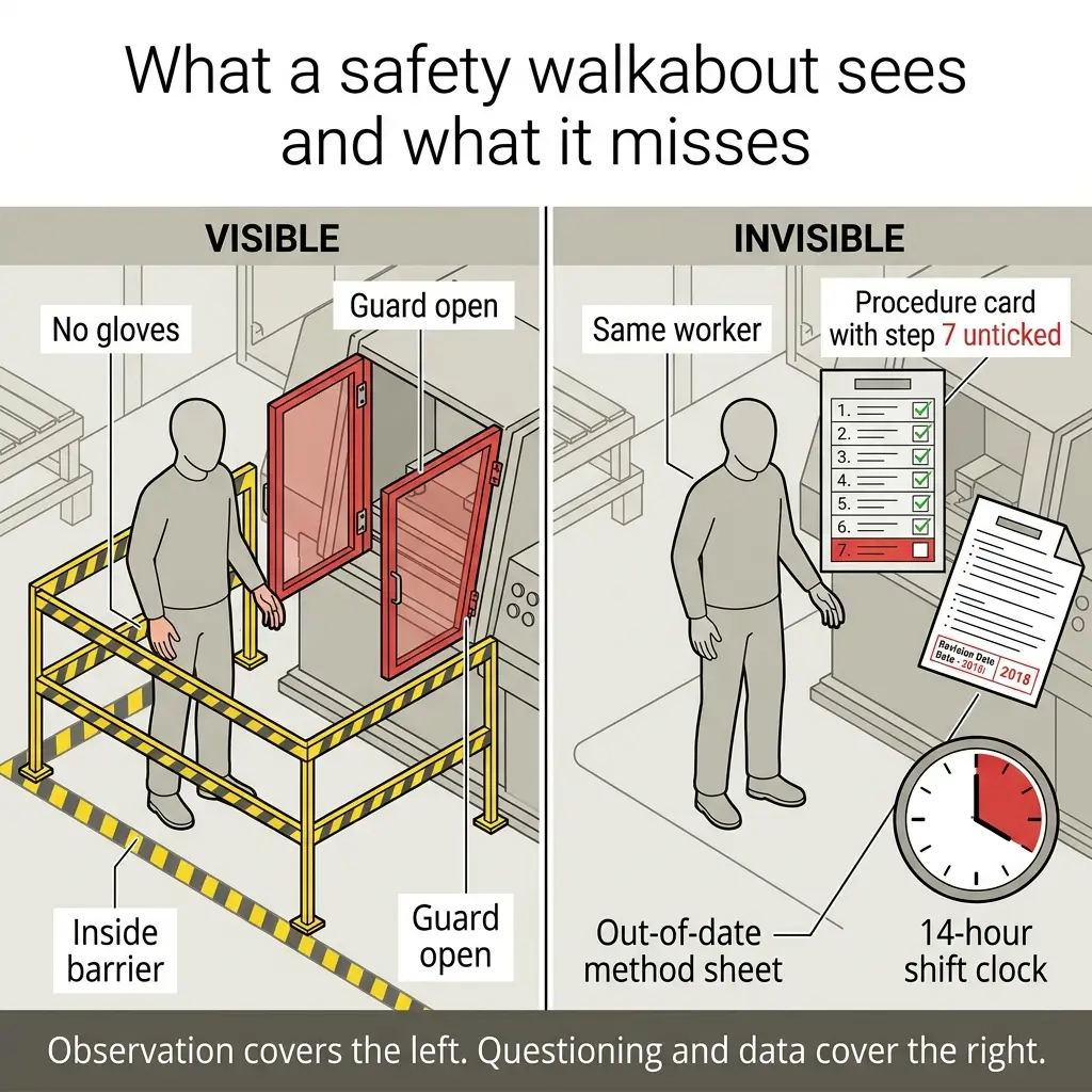 Infographic comparing visible and invisible safety hazards in a workplace, showing observable violations like open guards versus hidden risks like outdated procedures and fatigue from long shifts.