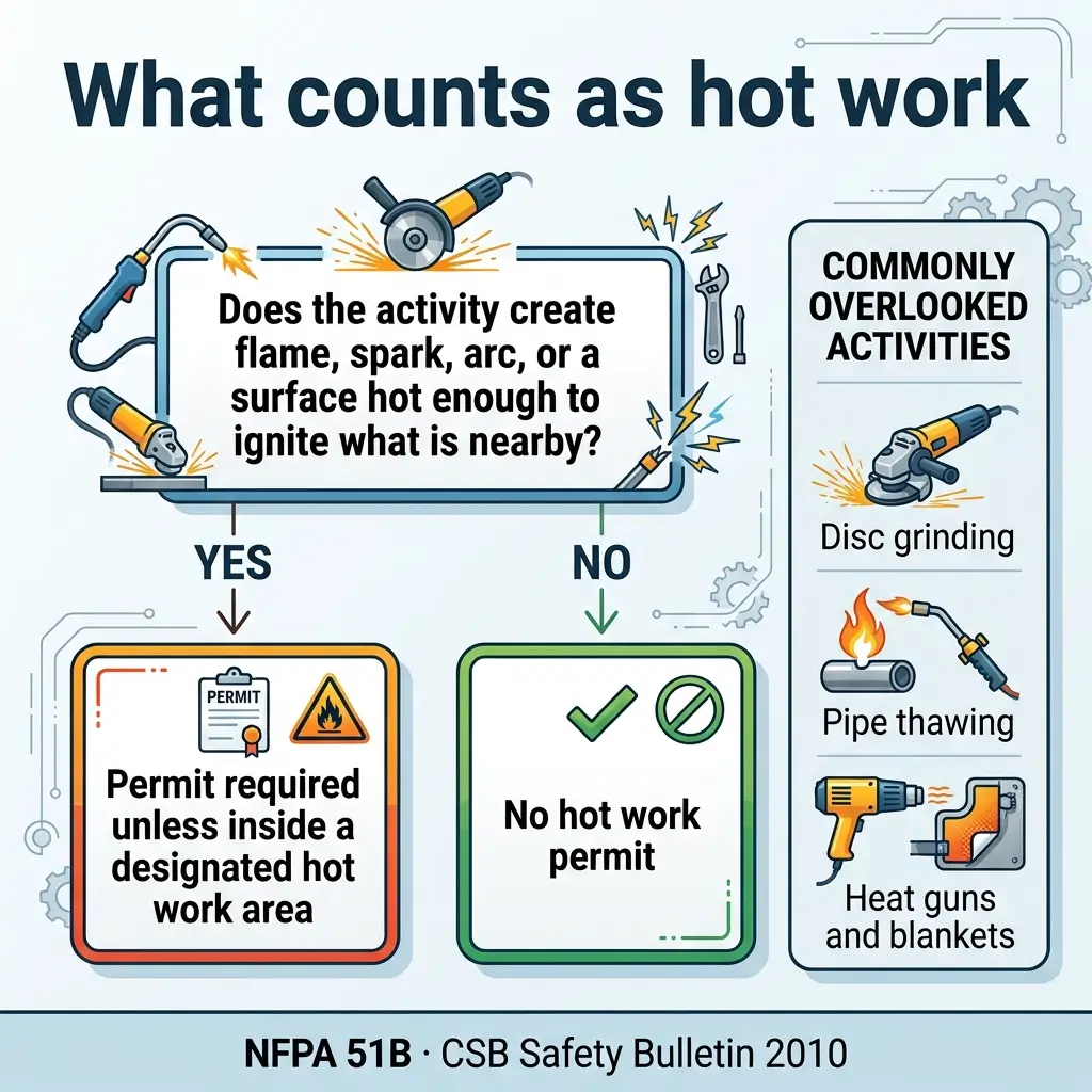 Flowchart explaining hot work permit requirements based on whether activities create ignition sources, with examples of permitted and unpermitted hot work activities per NFPA 51B standards.