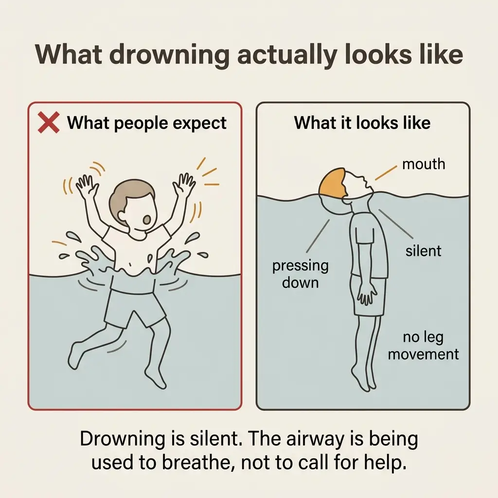Infographic comparing expectations versus reality of drowning, showing a person thrashing in water on the left versus a silent, motionless person partially submerged on the right, with text explaining drowning is silent and the airway is used for breathing not calling for help.