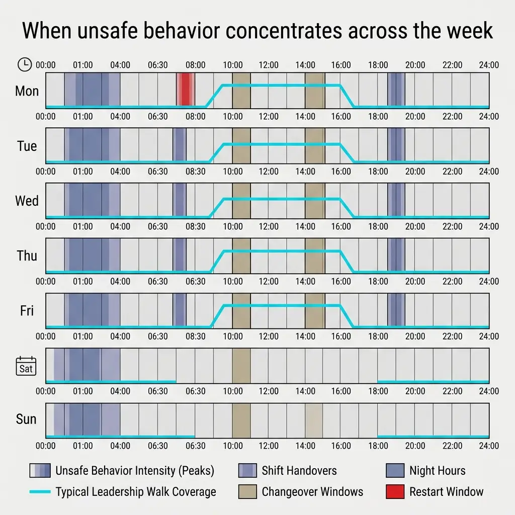 Weekly timeline chart showing unsafe behavior intensity peaks across seven days, with shift handovers, changeover windows, night hours, leadership walk coverage, and restart windows marked for workplace safety analysis.