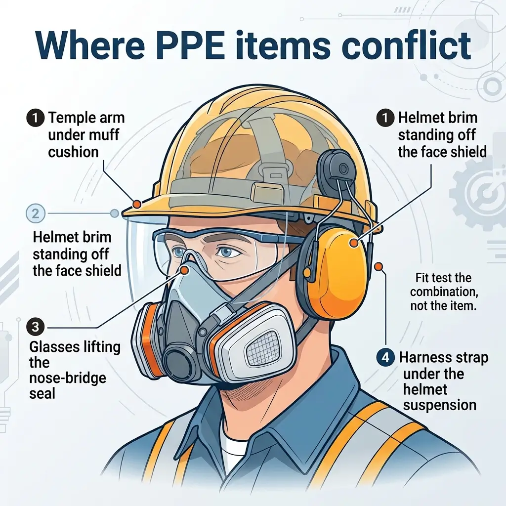 Diagram showing four areas where personal protective equipment items conflict when worn together, including helmet brim, temple arms, glasses, and harness straps, with note to fit test the combination.