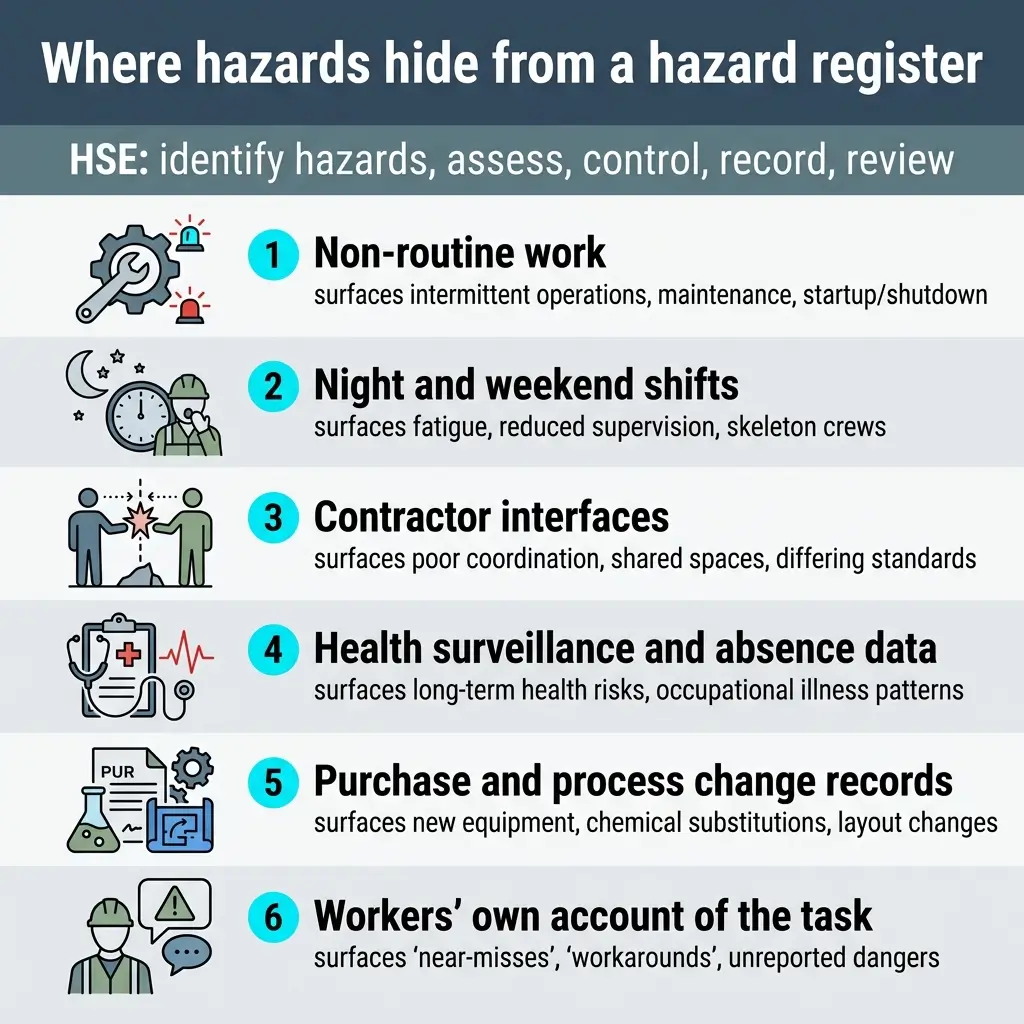 Infographic showing six areas where workplace hazards are often missed in safety registers, including non-routine work, shift patterns, contractor coordination, health data, process changes, and worker observations.