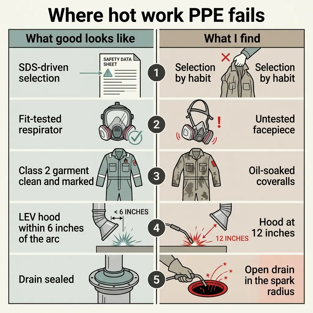 Infographic comparing proper hot work PPE requirements versus common failures, showing five safety violations including unsuitable clothing, improper respirators, and inadequate arc protection distances.