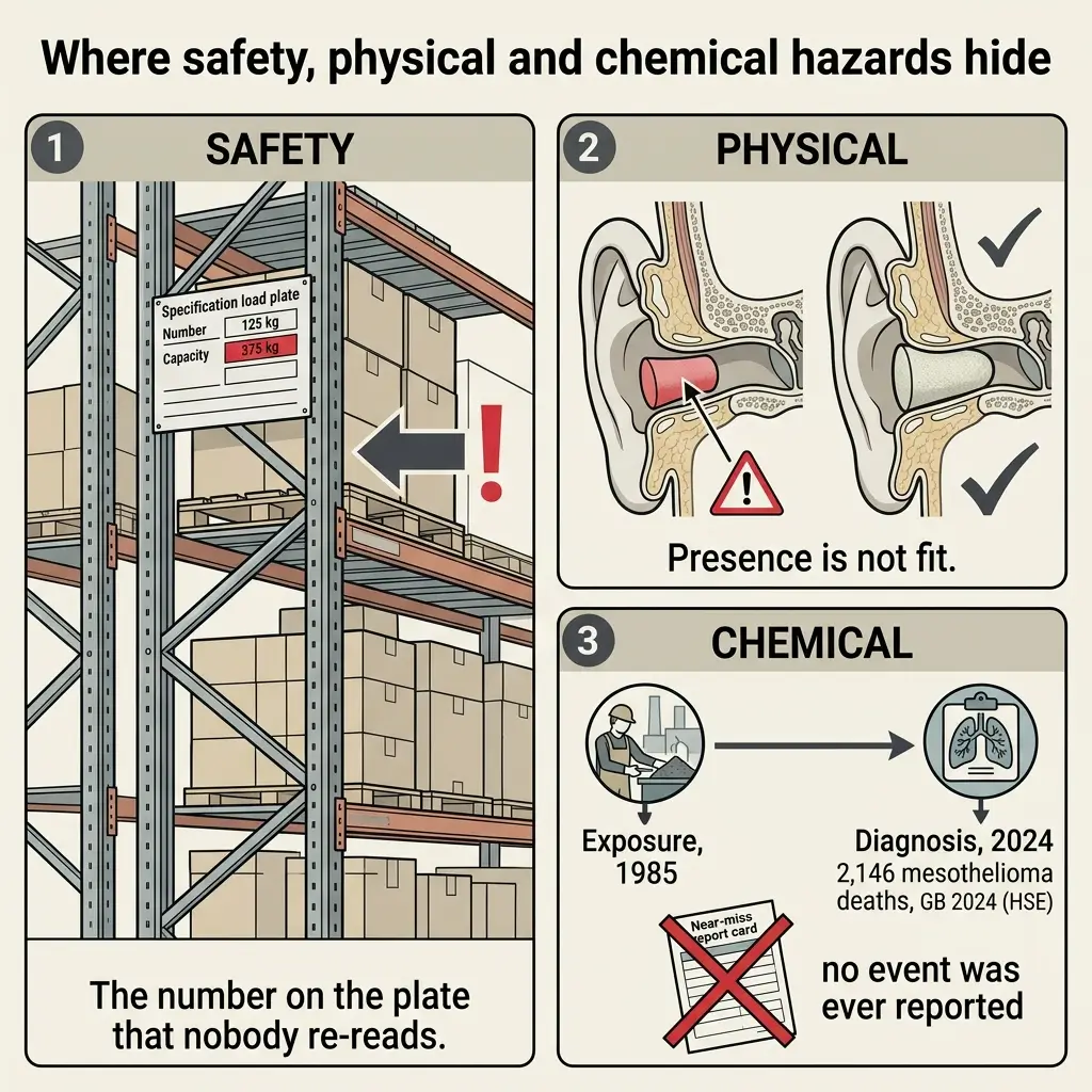 Infographic illustrating three workplace hazard categories: safety load capacity plates often ignored, physical hazards like improper lifting posture, and chemical exposure dangers with long latency periods and underreported incidents.