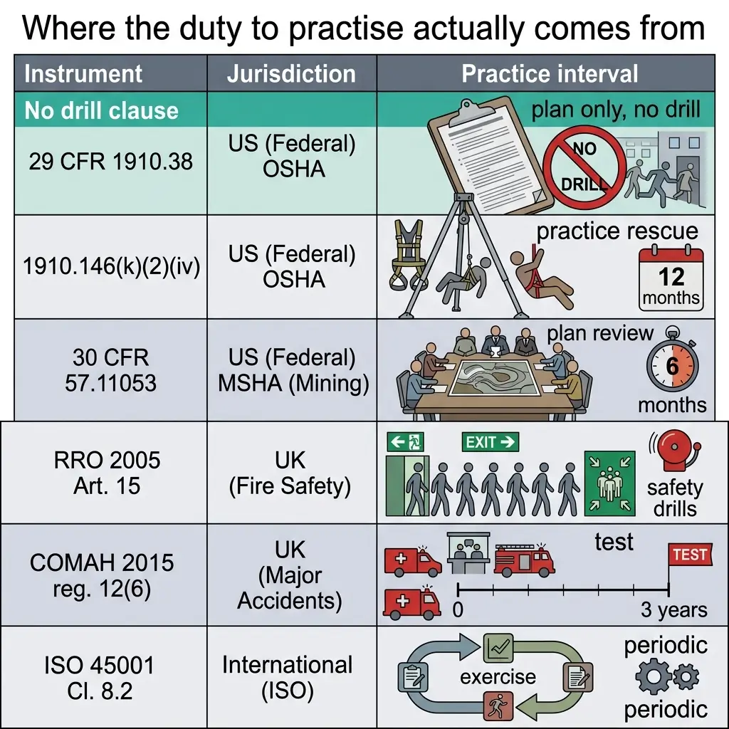 Table comparing emergency preparedness practice requirements across US OSHA, US Mining, UK Fire Safety, UK Major Accidents, and ISO standards, showing different drill frequencies and types.