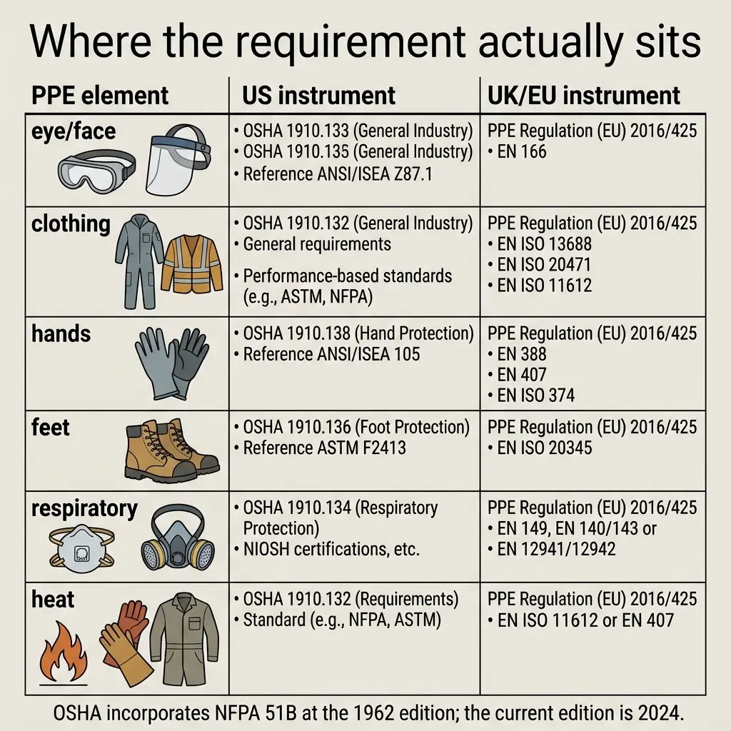 Comparison table of PPE requirements across US and UK/EU standards, showing regulations for eye protection, clothing, gloves, footwear, respiratory protection, and heat protection equipment.