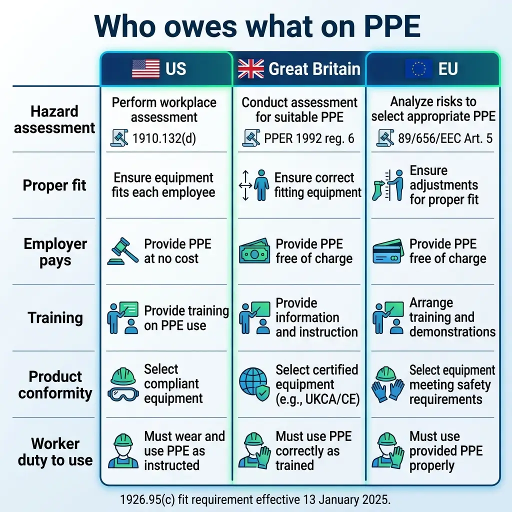 Comparison table showing PPE responsibilities across US, Great Britain, and EU regulations, including hazard assessment, fit, employer costs, training, product conformity, and worker duties.