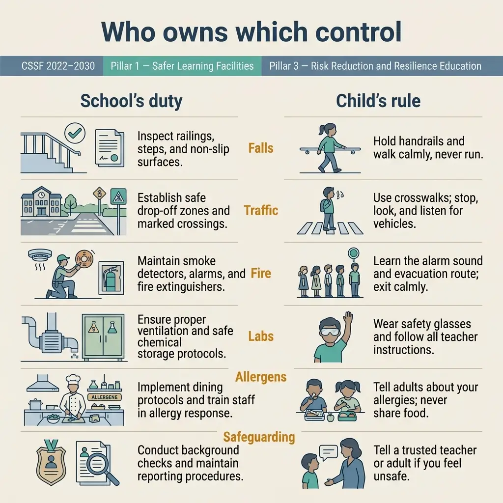 Infographic showing school safety responsibilities divided into two columns: school duties for falls, traffic, fire, labs, allergens, and safeguarding, paired with corresponding child safety rules for each hazard.