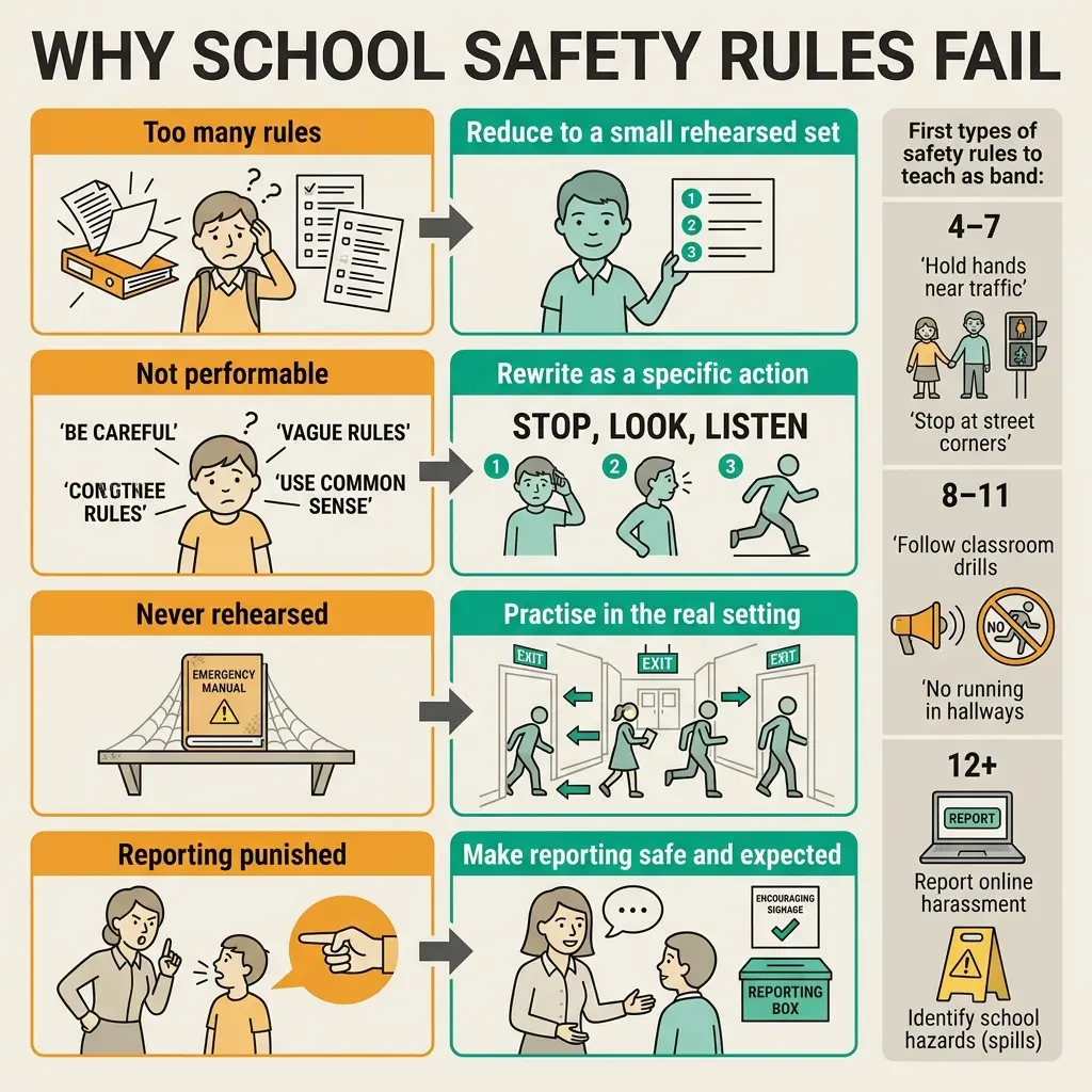 Infographic showing five reasons school safety rules fail on the left, with corresponding solutions on the right, plus age-appropriate safety rules by grade level.