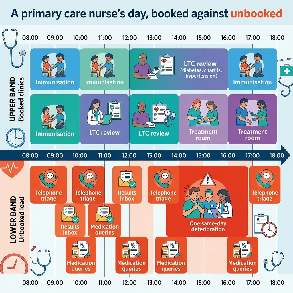 A primary care nurse's daily schedule comparing booked clinic appointments like immunizations and LTC reviews against unbooked administrative tasks including telephone triage, results processing, and medication queries from 8 AM to 6 PM.