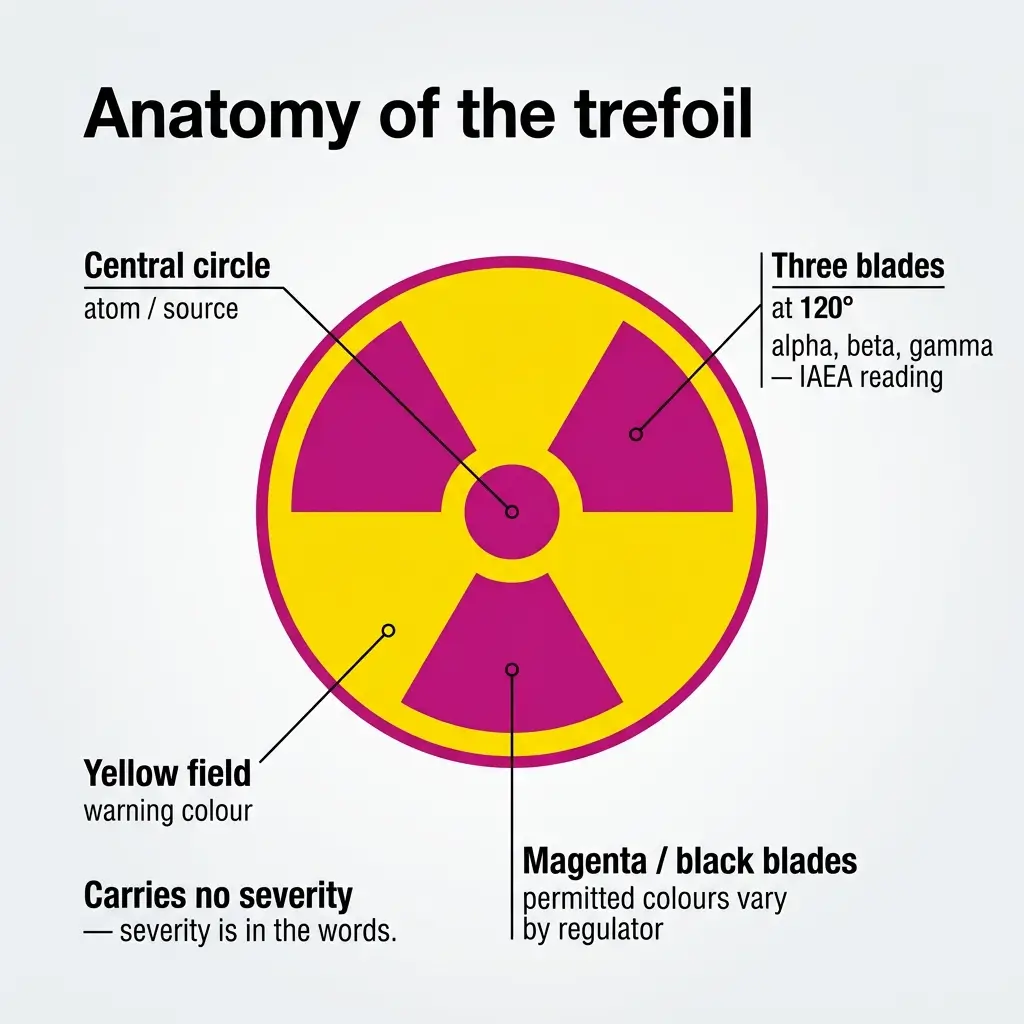 Diagram showing the anatomy of a trefoil radiation warning symbol with a yellow field, three magenta blades at 120 degrees, a central circle, and labels explaining each component.
