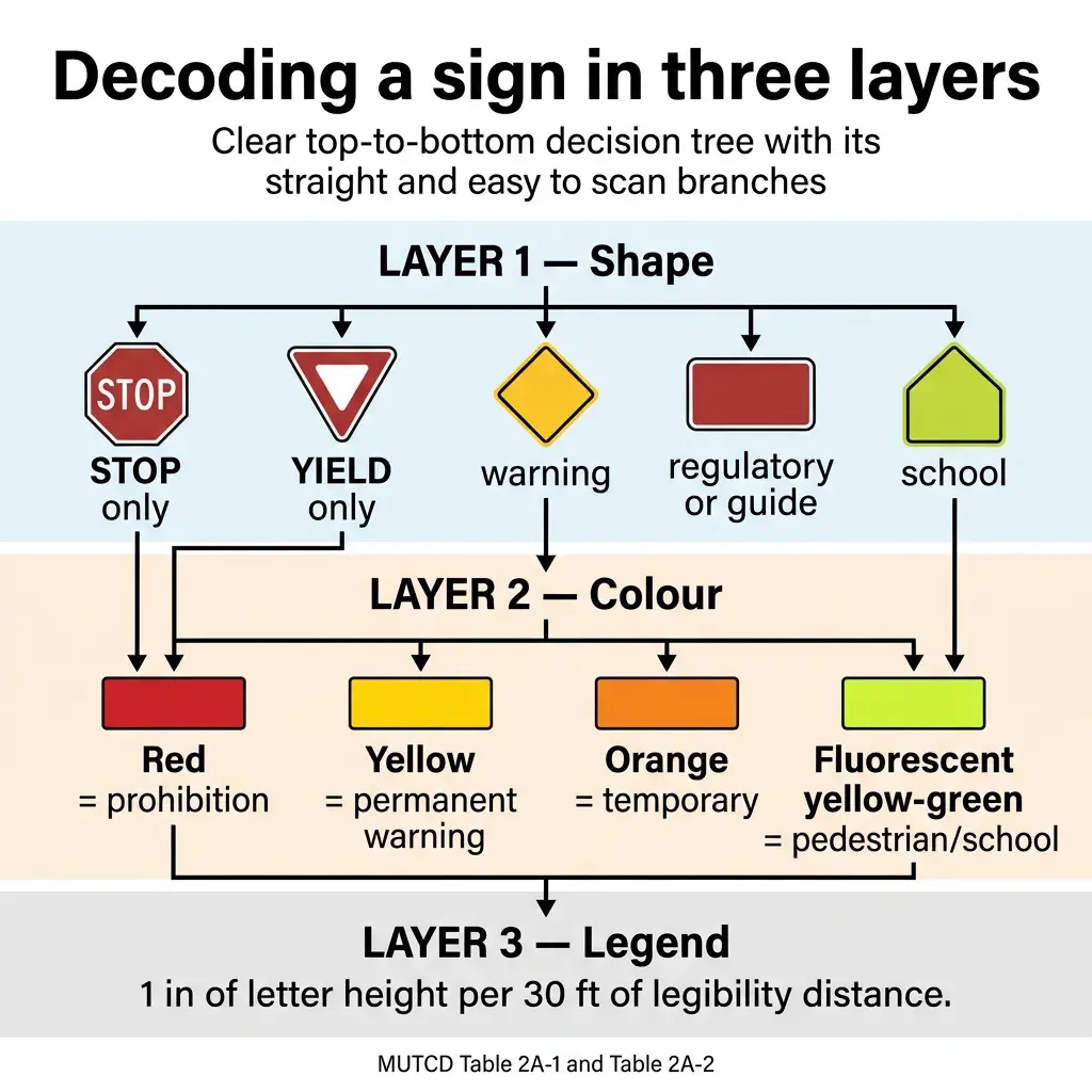 Decision tree diagram showing how to decode traffic signs using three layers: shape identification, color classification, and text legend sizing rules for visibility distance.
