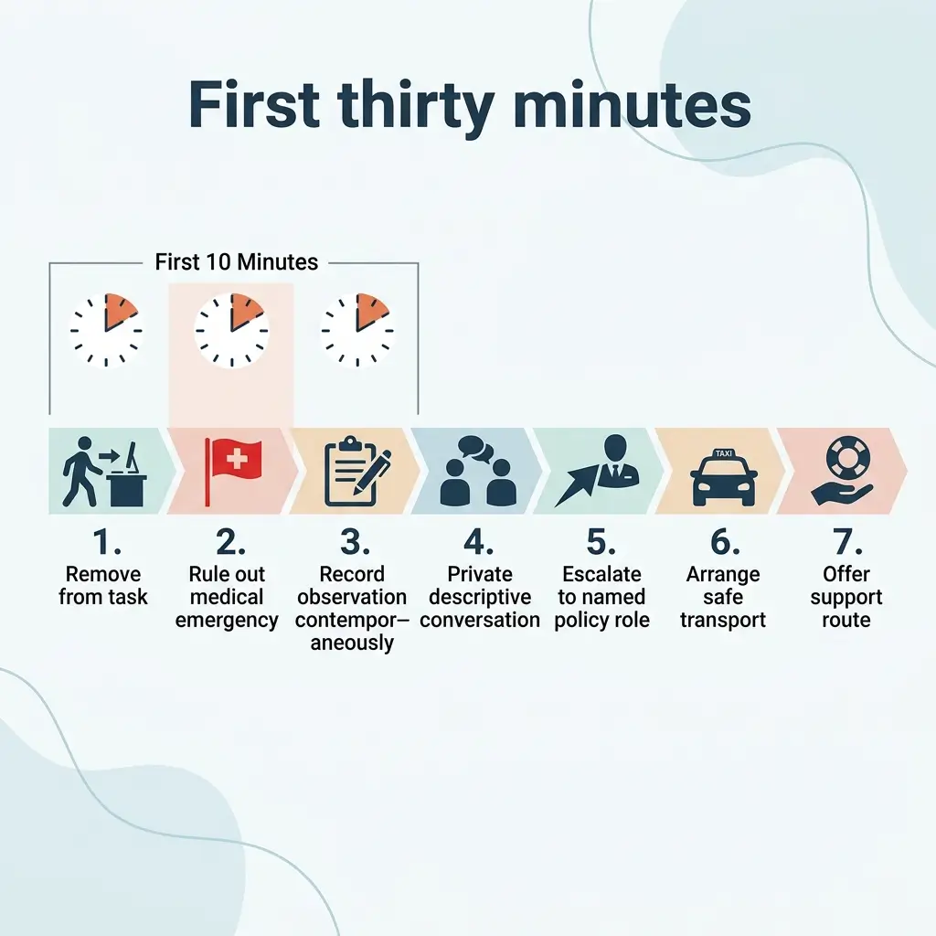Infographic showing seven steps to take in the first thirty minutes of an emergency, including removing from task, ruling out medical emergency, recording observations, having private conversation, escalating to management, arranging transport, and offering support.