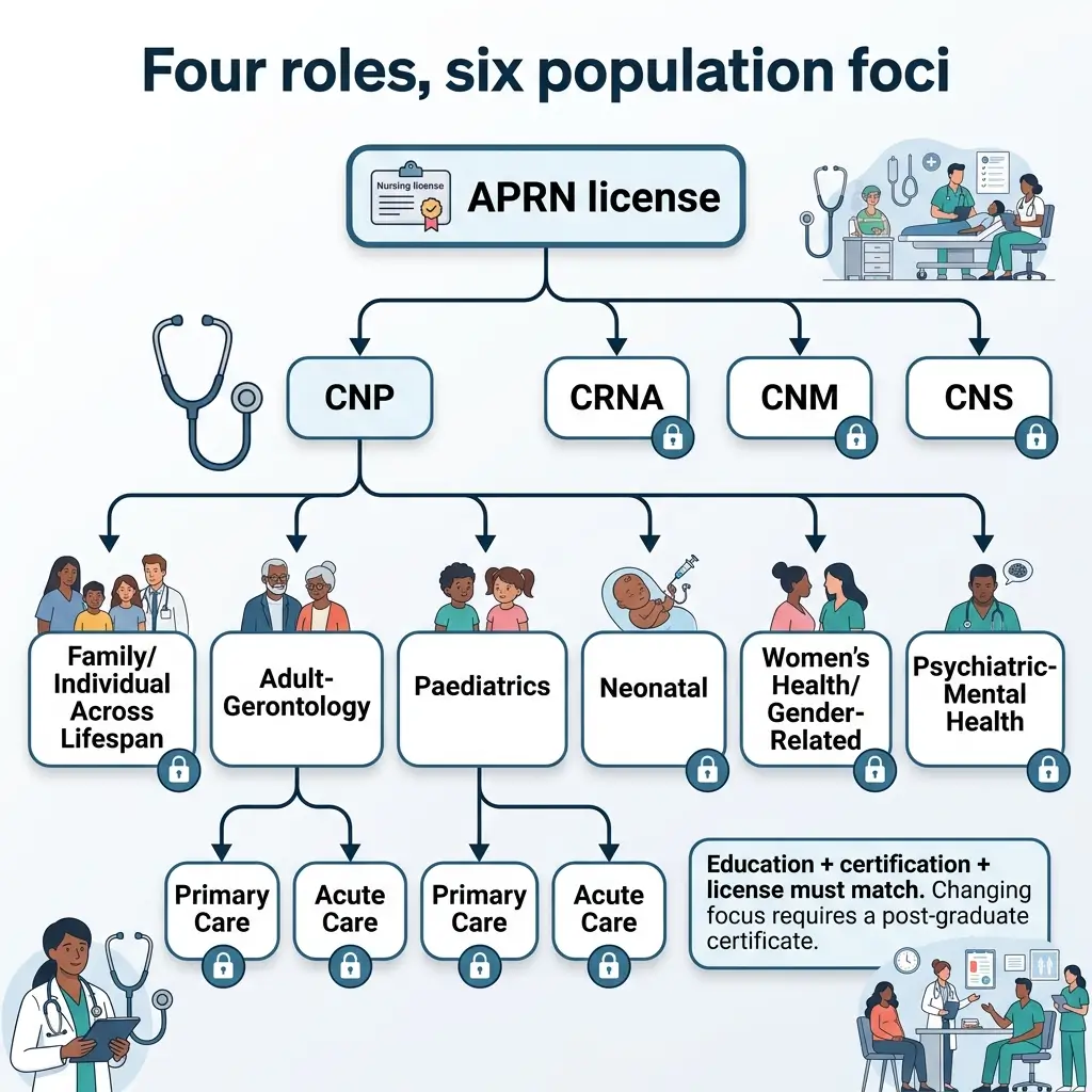 Hierarchical flowchart showing APRN license types (CNP, CRNA, CNM, CNS) branching into six population foci including Family/Individual, Adult-Gerontology, Paediatrics, Neonatal, Women's Health, and Psychiatric-Mental Health, with further specialization options and certification requirements.