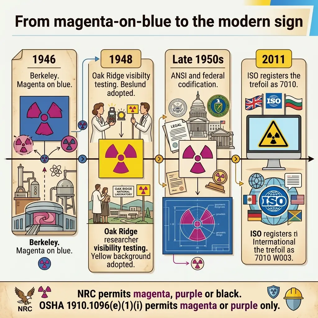 Timeline showing the evolution of the radiation warning symbol from 1946 Berkeley magenta-on-blue design through 1948 Oak Ridge testing adoption, late 1950s standardization, to the 2011 ISO international trefoil registration with regulatory guidelines.