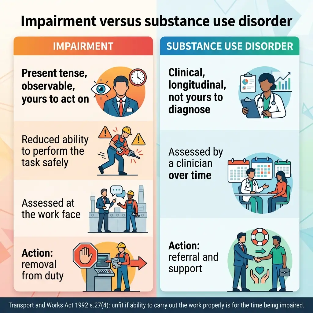 Comparison chart showing key differences between workplace impairment and substance use disorder, including assessment methods, observable signs, and appropriate workplace actions.