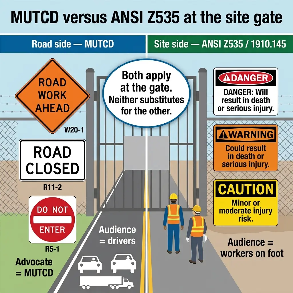 Comparison diagram showing MUTCD road signs for drivers on the left versus ANSI Z535 safety signs for workers on the right, meeting at a site gate where both standards apply simultaneously.