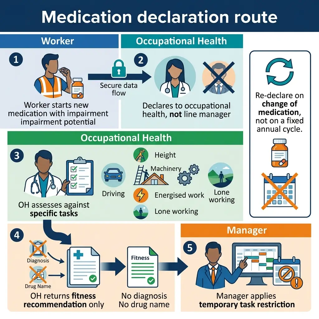 Flowchart showing medication declaration process for workers starting new medications with impairment potential, involving occupational health assessment, fitness evaluation, and manager implementation of temporary task restrictions.