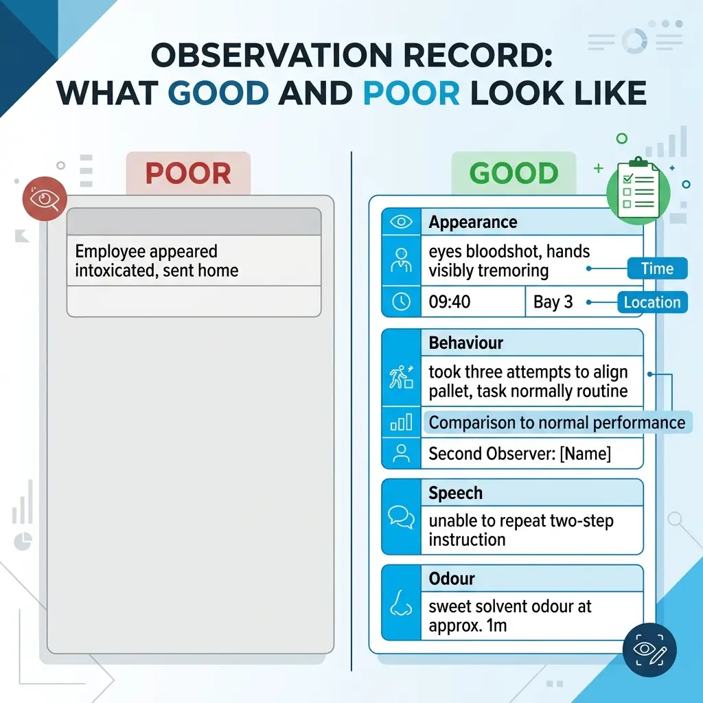 Infographic comparing poor versus good observation records, showing a poor example of vague documentation alongside a detailed good example with specific observations of appearance, behavior, speech, and odor.